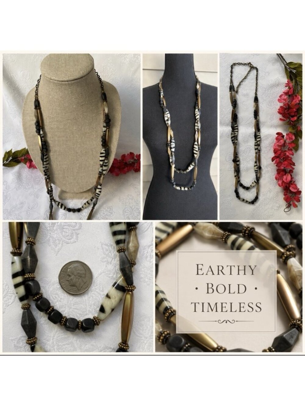 Chicos Animal Print Bead 36" Long Double Chain Statement Necklace NEW